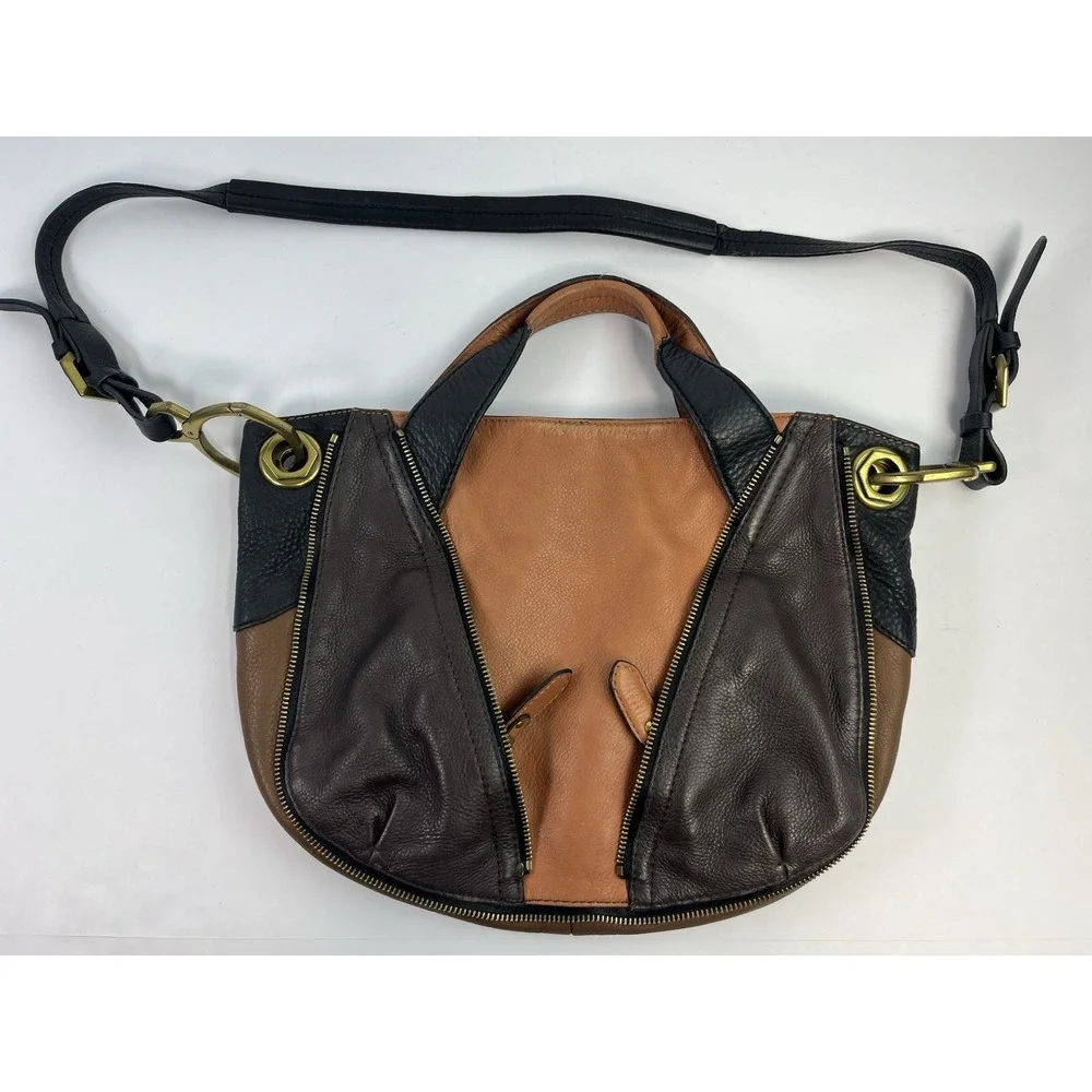 orYANY Pebble Leather Brown Color-Block Victoria Large Hobo Bag Purse Crossbody